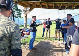 U.S. Air Force 2nd Lt. Easton Flamand, 42nd Contracting Squadron officer in charge of base support flight, gives opening remarks during resiliency and readiness day in Wetumpka, Alabama, June 20, 2025.