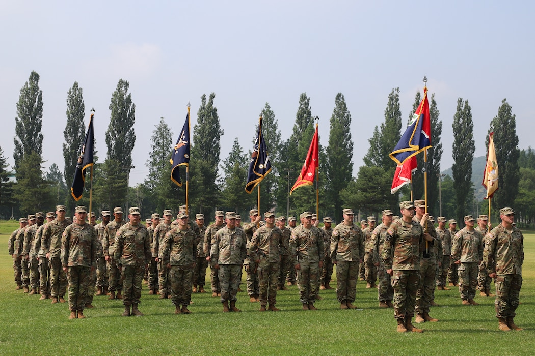 U.S. Army Soldiers assigned to 2nd Infantry Division/ROK-U.S. Combined Division, are in formation during a Transfer of Authority ceremony, on Camp Casey, South Korea, June. 18, 2025.