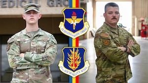 U.S. Air Force Staff. Sgt. Jack Brown, 97th Healthcare Operations Squadron TRICARE operations and patient administration non-commissioned officer in charge (left), and Master Sgt. Aaron Bell, 97th Logistics Readiness Squadron vehicle fleet manager(right), are showcased in a photo illustration, Altus Air Force Base, Oklahoma. Brown and Bell were selected as the Airman of the Year and Non-Commissioned Officer of the Year for Air Education and Training Command. (U.S. Air Force photo illustration by Airman 1st Class Nathan Langston)