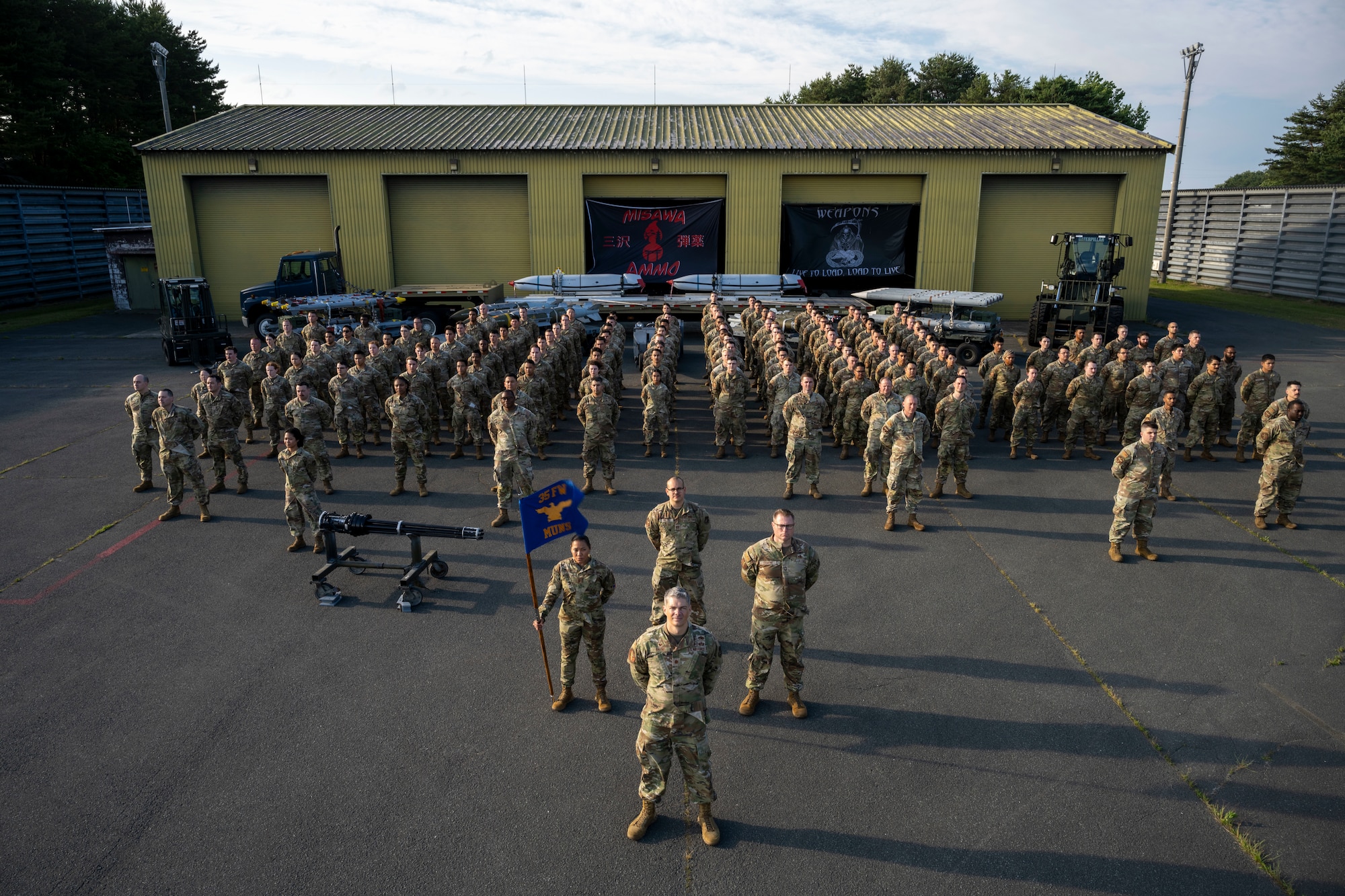 U.S. Air Force Airmen assigned to the 35th Munitions Squadron pose for a group photo at Misawa Air Base, Japan, June 17, 2025.