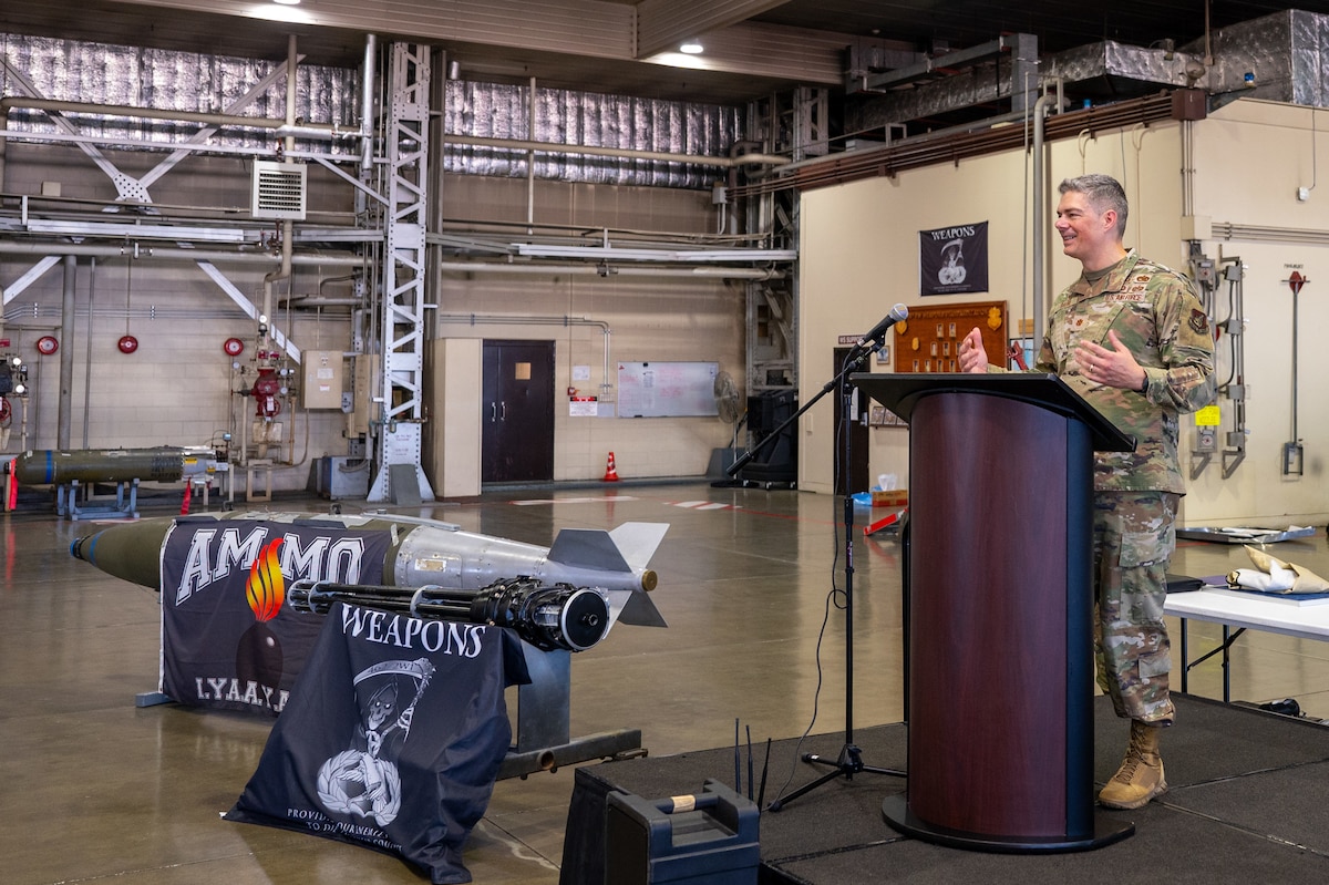U.S. Air Force Maj. Steven Bayne, 35th Munitions Squadron (MUNS) commander, gives a leadership brief about the importance of the newly formed squadron during an activation ceremony at Misawa Air Base, Japan, June 17, 2025.