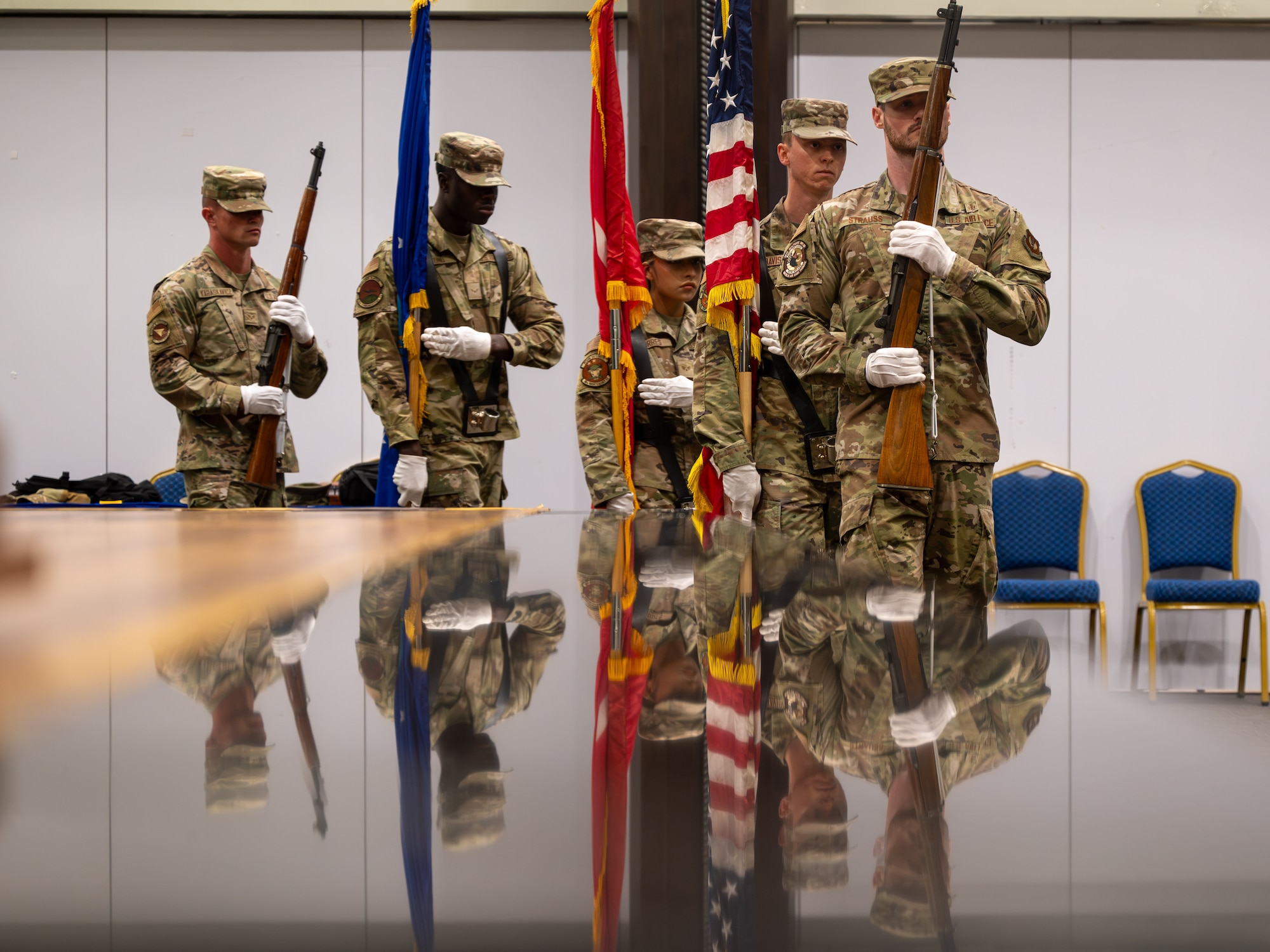 U.S. Air Force honor guard members participate in a change of command ceremony for the 39th Operational Medical Readiness Squadron at Incirlik Air Base, Turkey, June 10, 2025. The change of command ceremony is a long-standing military tradition that represents the formal transfer of responsibility from one officer to another. (U.S. Air Force photo by Staff Sgt. Koby I. Saunders)