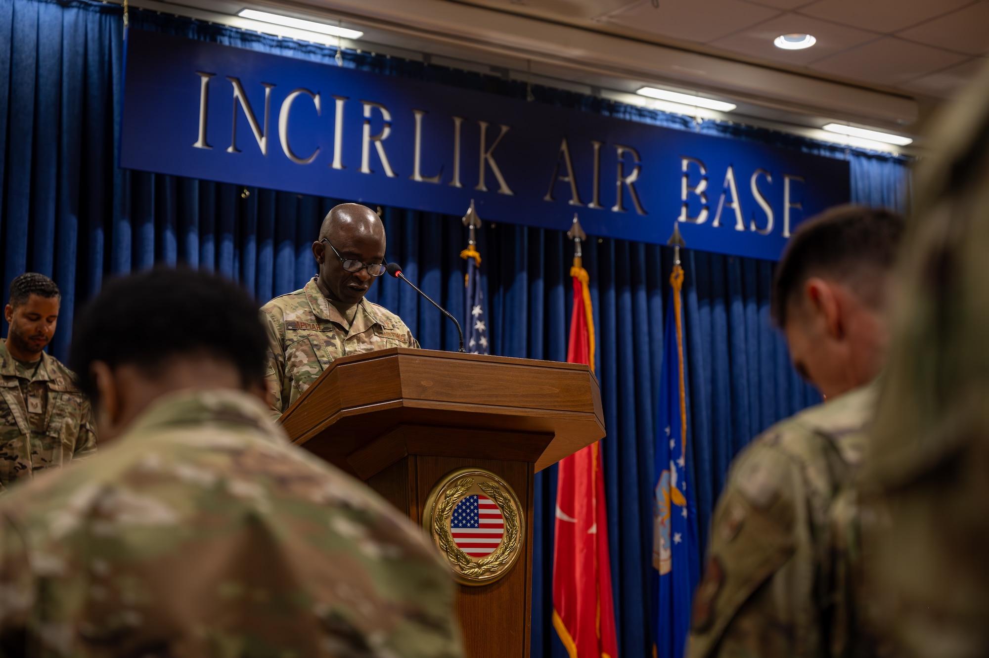 U.S. Air Force Col. Christian Smith, 39th Medical Group commander, delivers remarks during a change of command ceremony at Incirlik Air Base, Turkey, June 10, 2025. The change of command ceremony is a long-standing military tradition that represents the formal transfer of responsibility from one officer to another. (U.S. Air Force photo by Staff Sgt. Koby I. Saunders)