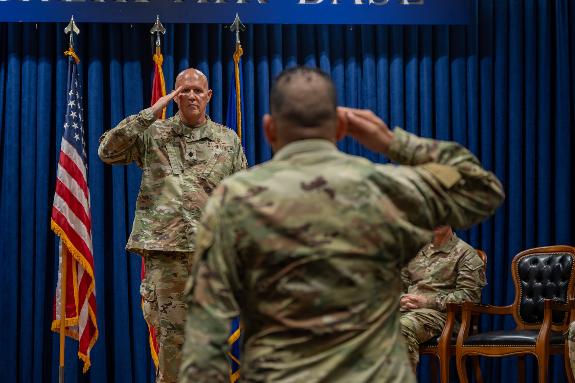 U.S. Air Force Lt. Col. Richard Odosso, 39th Operational Medical Readiness Squadron outgoing commander, renders a final salute during a change of command ceremony at Incirlik Air Base, Turkey, June 10, 2025. The change of command ceremony is a long-standing military tradition that represents the formal transfer of responsibility from one officer to another. (U.S. Air Force photo by Staff Sgt. Koby I. Saunders)