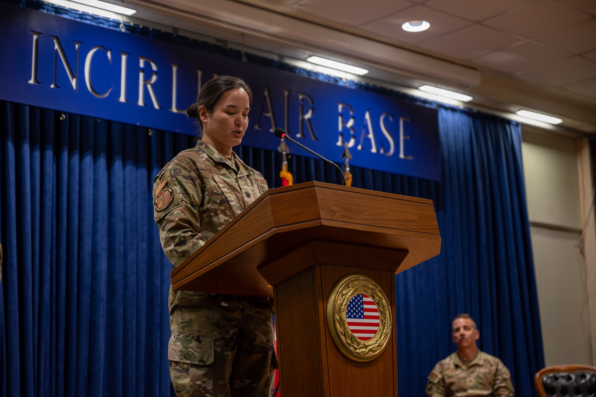 U.S. Air Force Lt. Col. Michelle Reneau, 39th Operational Medical Readiness Squadron incoming commander, delivers remarks during a change of command ceremony at Incirlik Air Base, Turkey, June 10, 2025. The change of command ceremony is a long-standing military tradition that represents the formal transfer of responsibility from one officer to another. (U.S. Air Force photo by Staff Sgt. Koby I. Saunders)