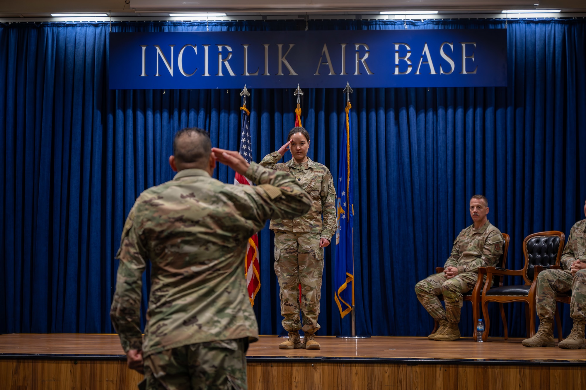 U.S. Air Force Lt. Col. Michelle Reneau, 39th Operational Medical Readiness Squadron incoming commander, renders a first salute during a change of command ceremony at Incirlik Air Base, Turkey, June 10, 2025. The change of command ceremony is a long-standing military tradition that represents the formal transfer of responsibility from one officer to another. (U.S. Air Force photo by Staff Sgt. Koby I. Saunders)