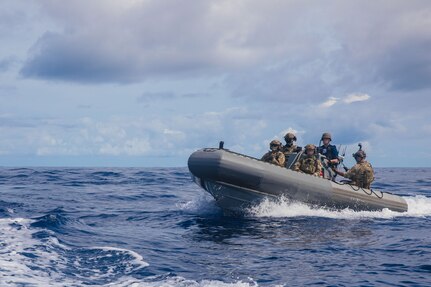 PACIFIC OCEAN - Members of a U.S. Coast Guard Law Enforcement Detachment and U.S. Navy Sailors assigned to the Arleigh Burke-class guided-missile destroyer USS Sampson (DDG 102) conduct small-boat operations and flight operations in the Pacific Ocean, June 22, 2025. Sampson is employed under U.S. Northern Command's maritime homeland defense authorities with a Coast Guard Law Enforcement Detachment embarked to enable maritime interdiction missions to prevent the flow of illegal drugs and other illegal activity. U.S. Northern Command is working together with the Department of Homeland Security to provide additional military forces and capabilities at the southern border. (Official U.S. Navy photo).
