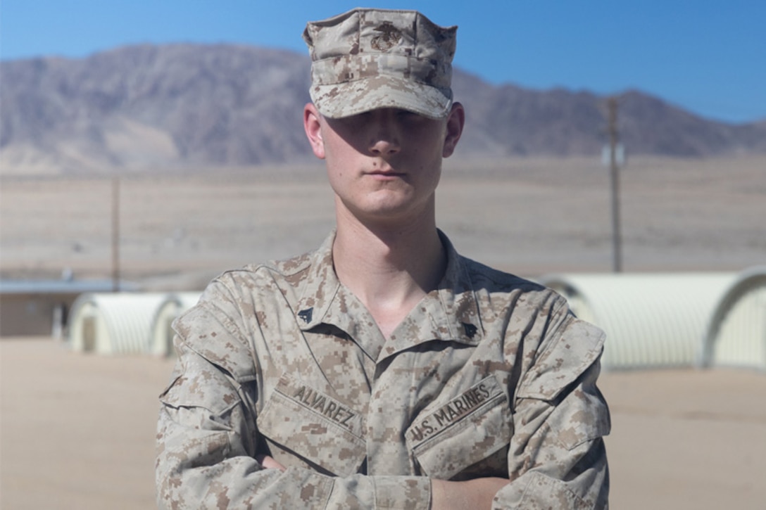 U.S. Marine Corps Cpl. Michael Alvarez, an intelligence specialist with Headquarters Company, 25th Marine Regiment, 4th Marine Division, poses for a photo during Integrated Training Exercise 3-25 (ITX 3-25) on Marine Corps Air Ground Combat Center, Twentynine Palms, California, June 14, 2025. ITX is a critical Marine Air-Ground Task Force exercise for the Marine Forces Reserve’s training cycle, confirming unit readiness through live-fire and combined arms integration. (U.S. Marine Corps photo by Cpl. Isaiah W. Smith)
