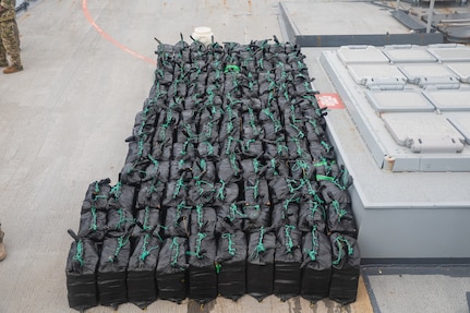 PACIFIC OCEAN - Members of a U.S. Coast Guard Law Enforcement Detachment and U.S. Navy Sailors assigned to the Arleigh Burke-class guided-missile destroyer USS Sampson (DDG 102) seized approximately 7,850 pounds of contraband during a visit, board, search and seizure operation, June 22, 2025. Sampson is employed under U.S. Northern Command's maritime homeland defense authorities with a Coast Guard Law Enforcement Detachment embarked to enable maritime interdiction missions to prevent the flow of illegal drugs and other illegal activity. U.S. Northern Command is working together with the Department of Homeland Security to provide additional military forces and capabilities at the southern border. (Official U.S. Navy photo).