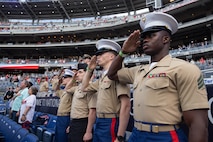 U.S. Marines and Sailors with Chemical Biological Incident Response Force attend a Washington Nationals baseball game during the team’s Salute to Service event at Nationals Park in Washington, D.C., May 6, 2025. The event honors service members from all branches of the U.S. military and provides an opportunity for the community to recognize their dedication and sacrifice. (U.S. Marine Corps photo by Lance Cpl. Amy Espinoza)