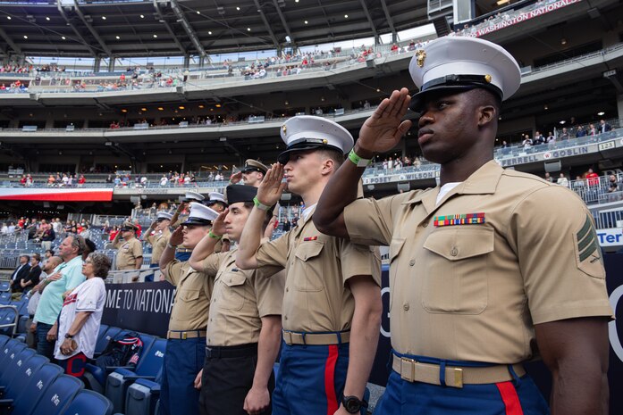 U.S. Marines and Sailors with Chemical Biological Incident Response Force attend a Washington Nationals baseball game during the team’s Salute to Service event at Nationals Park in Washington, D.C., May 6, 2025. The event honors service members from all branches of the U.S. military and provides an opportunity for the community to recognize their dedication and sacrifice. (U.S. Marine Corps photo by Lance Cpl. Amy Espinoza)