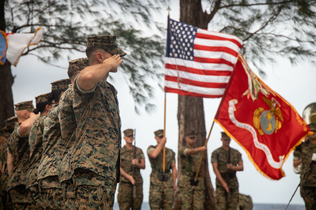U.S. Marines with Combat Logistics Battalion 13, Combat Logistics Regiment 17, 1st Marine Logistics Group, salute the colors during the 80th anniversary of the Battle of Peleliu ceremony as part of exercise Koa Moana 24, at Peleliu, Republic of Palau, Sept. 15, 2024. The ceremony, led and planned by U.S. Marine Corps Forces, Pacific and supported by Koa Moana 24, paid tribute to the Battle of Peleliu, a pivotal World War II conflict fought from Sept. 15 to Nov. 27, 1944, where U.S. forces endured intense combat to secure the island from Japanese forces, resulting in significant casualties on both sides. During Koa Moana’s deployment throughout the Indo-Pacific region, U.S. Marines and Sailors from I Marine Expeditionary Force work to strengthen alliances and partnerships with development of interoperable capabilities, combined operations, theater security cooperation, and capacity-building efforts. (U.S. Marine Corps photo by Cpl. Daniel Childs)