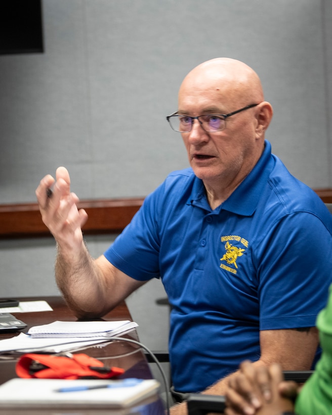 The U.S. Army Corps of Engineers' Fort Worth District welcomed a three-member team from the USACE Inspector General’s office for an inspection of the district’s use of the Program and Project Management Information System, or P2. Shown here is Greg Cissell, the team lead for the Army Corps of Engineers' Inspector General team, discussing scheduling challenges during a meeting with district schedulers. (US Army photo by Richard Bumgardner, SWF Public Affairs)