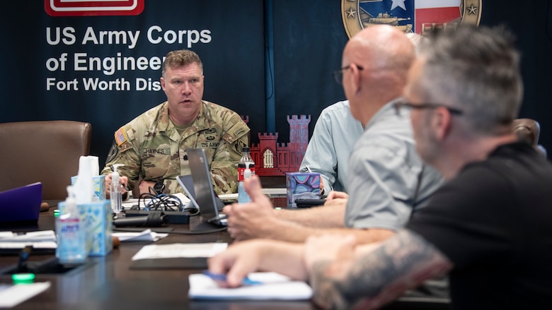 The U.S. Army Corps of Engineers' Fort Worth District's acting commander, Lt. Col Joshua Haynes, welcomes the three-member team from the USACE Inspector General’s office during opening remarks. The IG team is visiting the district to inspect the district’s use of the Program and Project Management Information System, or P2. (US Army photo by Richard Bumgardner, SWF Public Affairs)