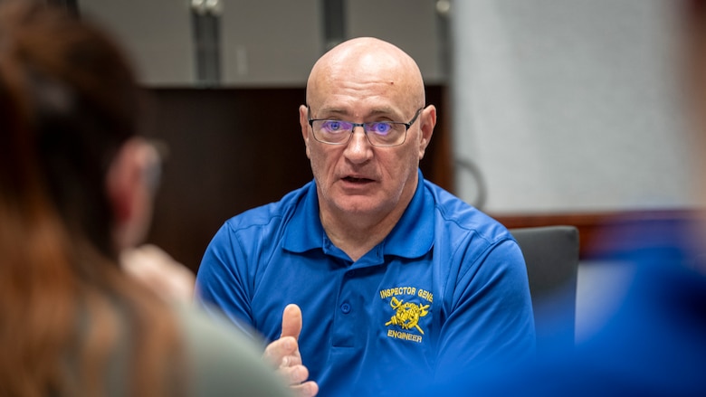 The U.S. Army Corps of Engineers' Fort Worth District welcomed a three-member team from the USACE Inspector General’s office for an inspection of the district’s use of the Program and Project Management Information System, or P2. Shown here is Greg Cissell, the team lead for the Army Corps of Engineers' Inspector General team, discussing scheduling challenges during a meeting with district schedulers. (US Army photo by Richard Bumgardner, SWF Public Affairs)