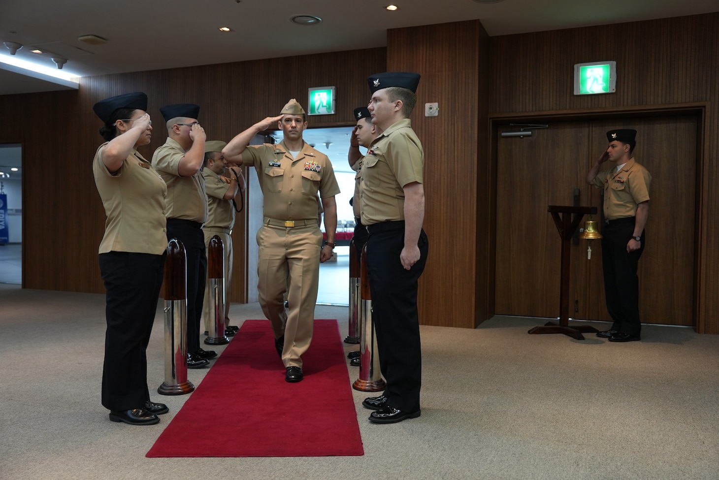 Cmdr. Patrick J. Moore, outgoing commanding officer of Busan, South Korea-based Military Sealift Command Office -Korea, arrives at the change of command ceremony at the United Nations Peace Memorial Hall in Busan, June 17, 2025.