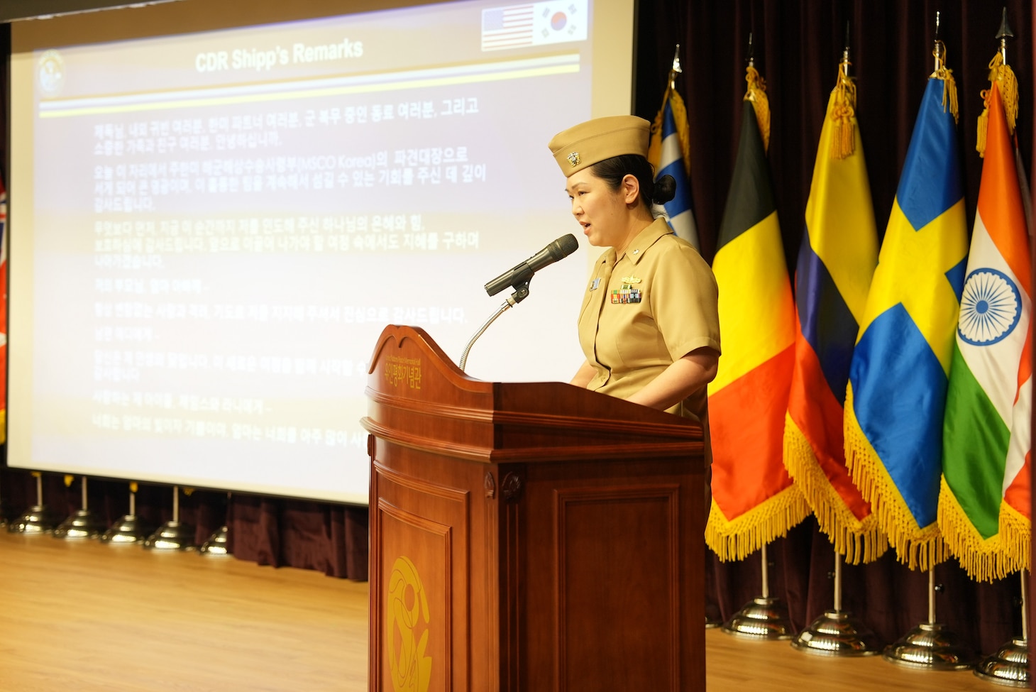 Cmdr. Hannah M. Shipp, incoming commanding officer of Busan, South Korea-based Military Sealift Command Office -Korea, speaks at the change of command ceremony at the United Nations Peace Memorial Hall in Busan, June 17, 2025