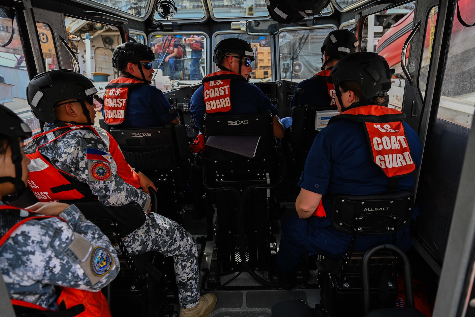 Legend-class U.S. Coast Guard Cutter Stratton (WMSL 752) boat crew members launch a 35-foot Long Range Interceptor II from the cutter’s stern notch with Philippine Coast Guard ship riders embarked during a trilateral search and rescue exercise with U.S., Japan and Philippine Coast Guards, in Kagoshima, Japan, June 20, 2025. Stratton is deployed and assigned to Destroyer Squadron (DESRON) 15, the Navy’s largest DESRON and the U.S. 7th Fleet’s principal surface force. Stratton is deployed to the Indo-Pacific to advance relationships with ally and partner nations to build a more secure and prosperous region with unrestricted, lawful access to the maritime commons. (U.S. Coast Guard photo by Petty Officer 2nd Class Kate Kilroy)