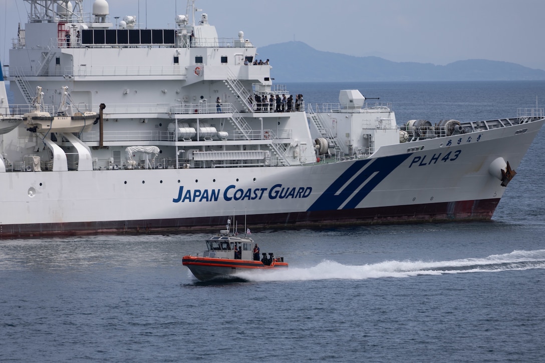 A 35-foot Long Range Interceptor II from the Legend-class U.S. Coast Guard Cutter Stratton (WMSL 752) transits alongside the Japan Coast Guard Patrol Vessel Asanagi (PLH-43) during a trilateral search and rescue exercise with the U.S., Japan and Philippine Coast Guards in Kagoshima, Japan, June 20, 2025. Stratton is deployed and assigned to Destroyer Squadron (DESRON) 15, the Navy’s largest DESRON and the U.S. 7th Fleet’s principal surface force. Stratton is deployed to the Indo-Pacific to advance relationships with ally and partner nations to build a more secure and prosperous region with unrestricted, lawful access to the maritime commons. (U.S. Coast Guard photo courtesy of Stratton)