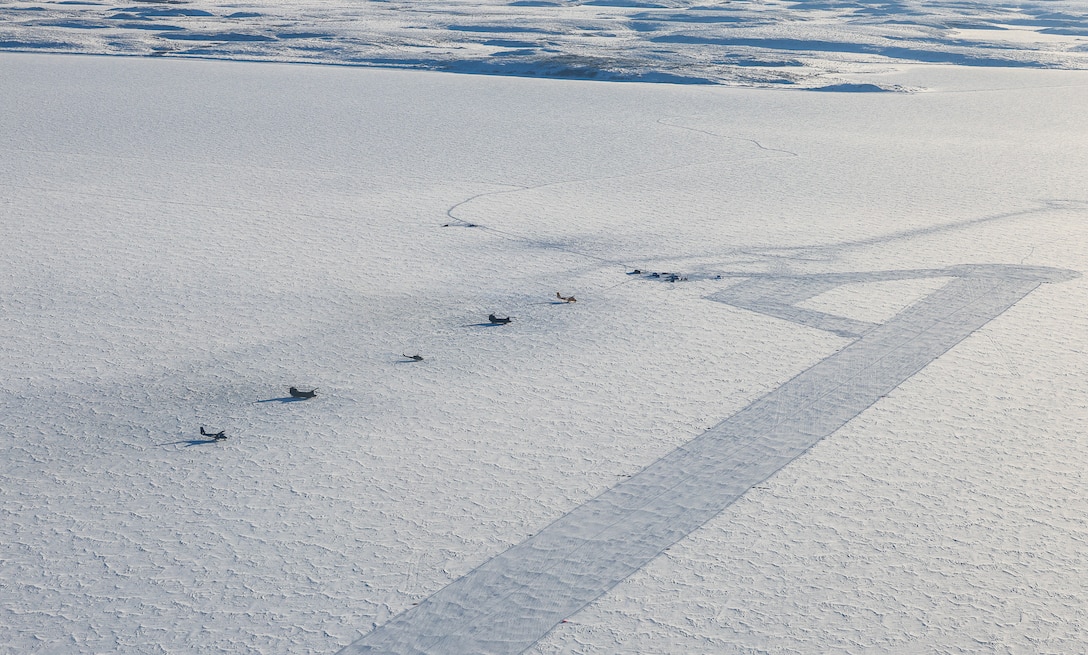 An aerial photo of the ski landing area and Arctic Camp on Parsons Lake, Northwest territories, Canada, March 4. A ski landing area allowed the LC-130 Hercules to land on snow and ice using skis.  (U.S. Air National Guard photo by Staff Sgt. Jocelyn Tuller)
