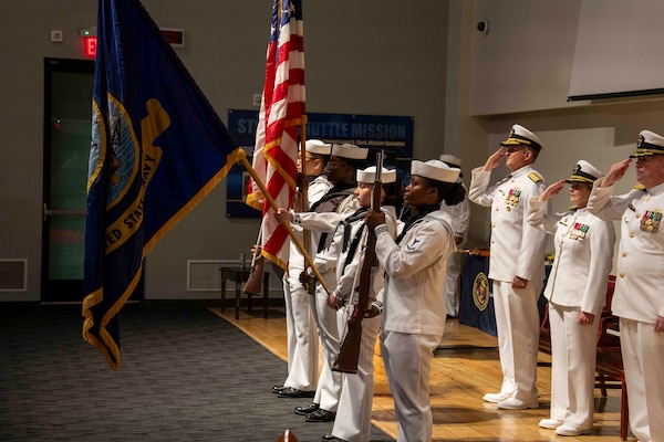 250616-N-JC800-1029 BETHESDA, Md. (June 12, 2025) - The Naval Medical Leader and Professional Development Command Color Guard presents colors during the NMLPDC's Change of Command Ceremony, Jun. 12. (U.S. Navy photo by Mass Communication Specialist 1st Class Heath Zeigler/Released)