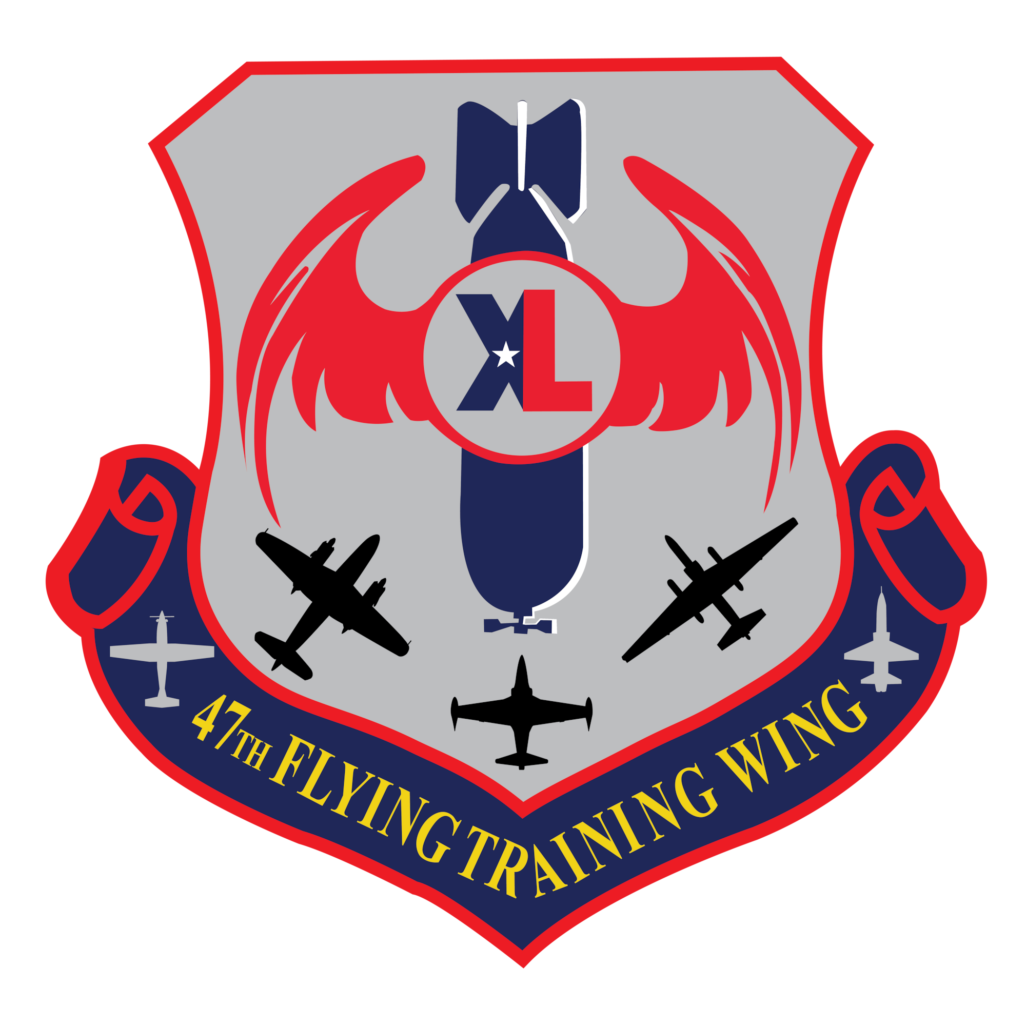A morale patch for the 47th Flight Training Wing at Laughlin Air Force, Texas. The patch combined ideas from the wing’s airmen to celebrate the base’s heritage dating back to World War II. (U.S. Air Force graphic by Airman 1st Class Harrison Sullivan)