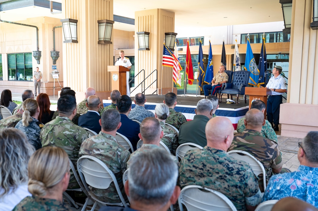 Adm. Samuel J. Paparo, commander of U.S. Indo-Pacific Command, presides over the Assumption of Responsibility Ceremony for the command senior enlisted leader at USINDOPACOM headquarters on Camp H.M. Smith, in Honolulu, June 26, 2025.