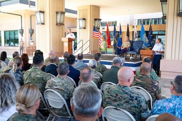 Adm. Samuel J. Paparo, commander of U.S. Indo-Pacific Command, presides over the Assumption of Responsibility Ceremony for the command senior enlisted leader at USINDOPACOM headquarters on Camp H.M. Smith, in Honolulu, June 26, 2025.
