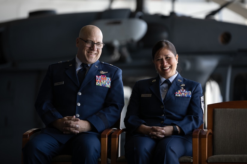 Chief Master Sgt. Kim T. Groat relinquishes the position of the State Command Chief Master Sergeant of the Alaska Air National Guard to Chief Master Sgt. Jeffrey A. Ling during a change of responsibility ceremony at Joint Base Elmendorf-Richardson, Alaska, June 18, 2025. Brig. Gen. Brian D. Kile, the commander of the Alaska Air National Guard, presided over the ceremony.
