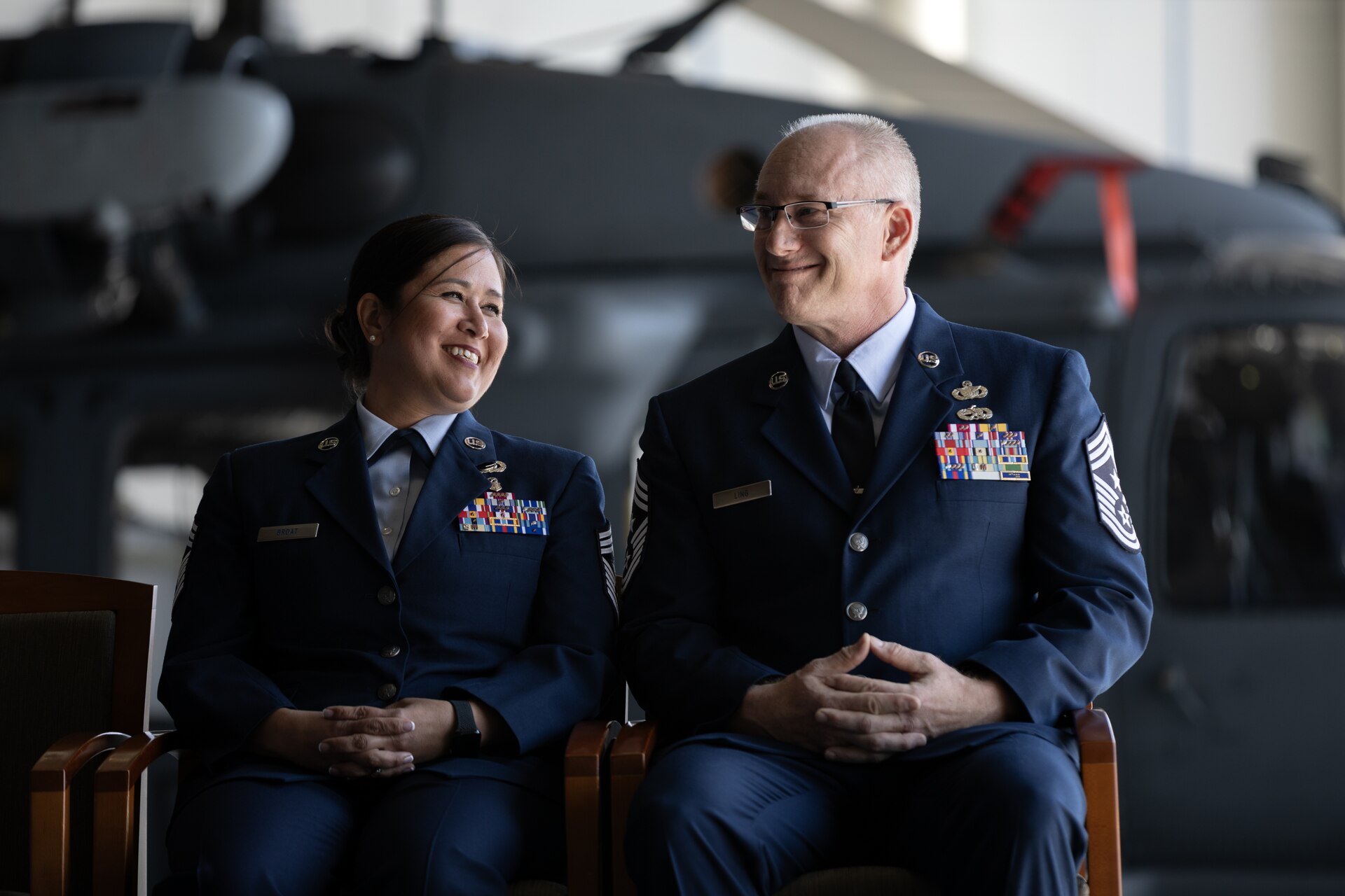 Chief Master Sgt. Kim T. Groat relinquishes the position of the State Command Chief Master Sergeant of the Alaska Air National Guard to Chief Master Sgt. Jeffrey A. Ling during a change of responsibility ceremony at Joint Base Elmendorf-Richardson, Alaska, June 18, 2025. Brig. Gen. Brian D. Kile, the commander of the Alaska Air National Guard, presided over the ceremony.