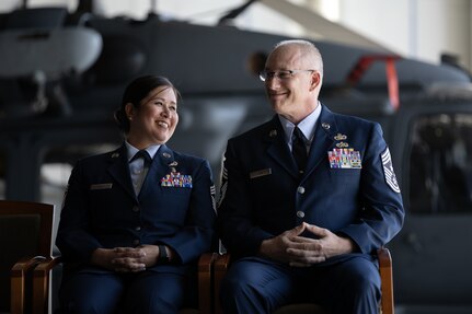 Chief Master Sgt. Kim T. Groat relinquishes the position of the State Command Chief Master Sergeant of the Alaska Air National Guard to Chief Master Sgt. Jeffrey A. Ling during a change of responsibility ceremony at Joint Base Elmendorf-Richardson, Alaska, June 18, 2025. Brig. Gen. Brian D. Kile, the commander of the Alaska Air National Guard, presided over the ceremony.
