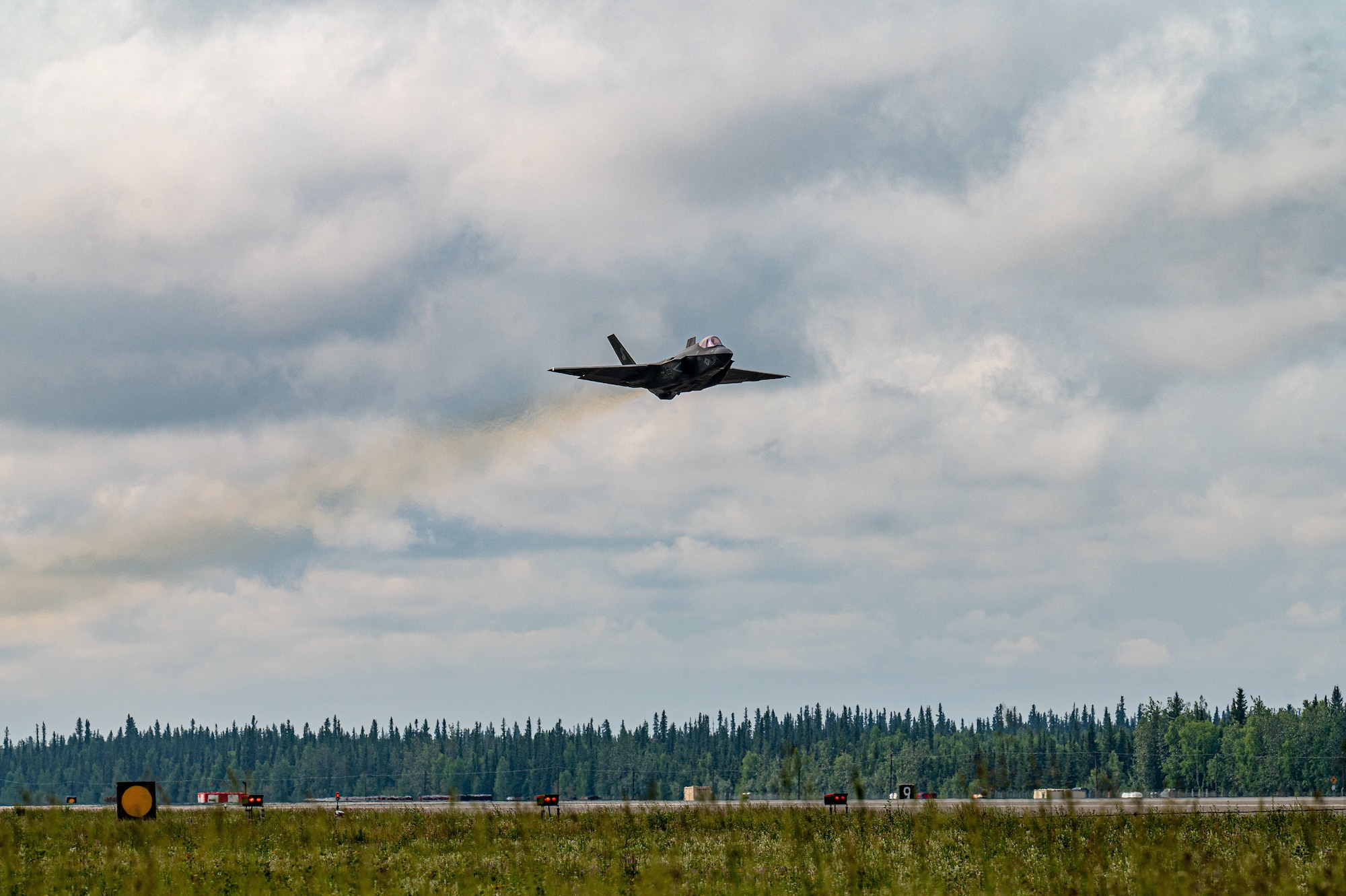 A U.S. Navy Strike Fighter Squadron (VFA) 86 F-35C Lightning II takes off during Red Flag-Alaska 25-2 at Eielson Air Force Base, Alaska, June 25, 2025.