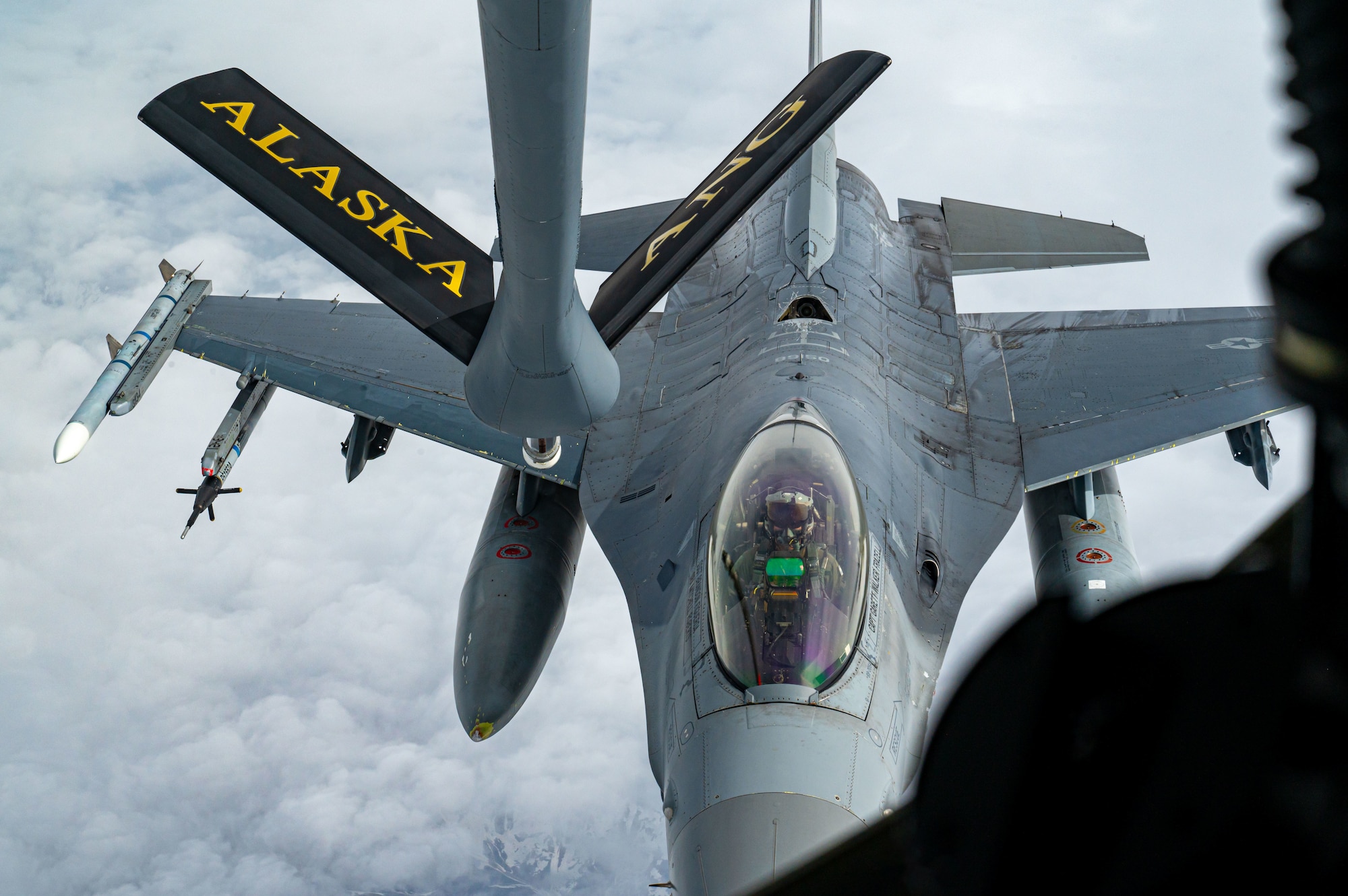 A U.S. Air Force, 35th Fighter Squadron “Pantons”, F-16C Fighting Falcon approaches a 168th Air Refueling Squadron KC-135 Stratotanker during Red Flag-Alaska 25-2 at Eielson Air Force Base, Alaska, June 25, 2025.