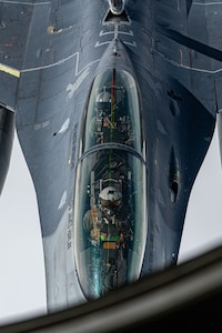 A U.S. Air Force, 80th Fighter Squadron “Juvats”, F-16D Fighting Falcon refuels from a 168th Air Refueling Squadron KC-135 Stratotanker during Red Flag-Alaska 25-2 at Eielson Air Force Base, Alaska, June 25, 2025.