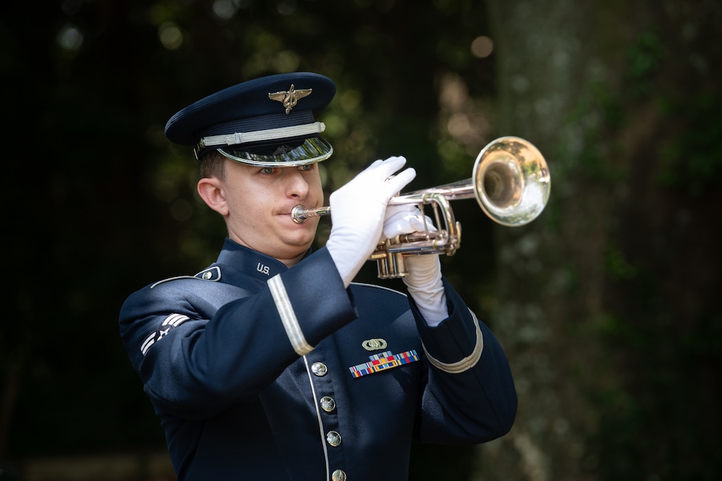U.S. Air Force Senior Airman Jonah Kelly, U.S. Air Force Band of the Pacific trumpeter, performs Taps during the B-29 Memorial Ceremony at Mount Shizuhata, Japan, June 21, 2025.