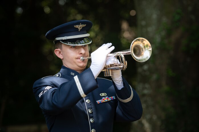 U.S. Air Force Senior Airman Jonah Kelly, U.S. Air Force Band of the Pacific trumpeter, performs Taps during the B-29 Memorial Ceremony at Mount Shizuhata, Japan, June 21, 2025.