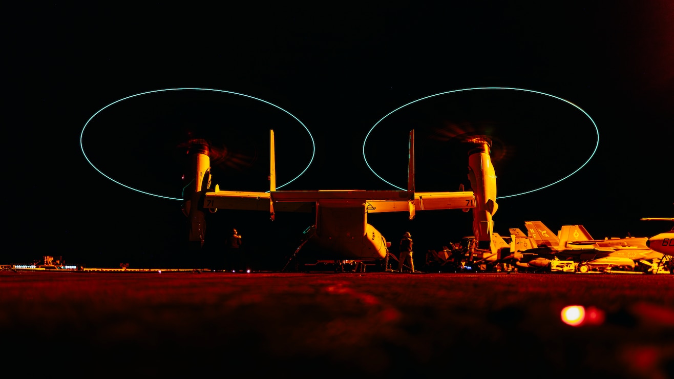 A CMV-22B Osprey, attached to Fleet Logistics Support Squadron (VRM) 30, readies for takeoff on the flight deck of the Nimitz-class aircraft carrier USS George Washington (CVN 73) while underway in the Philippine Sea, June 23. The George Washington Carrier Strike Group (GWA CSG) is on patrol in the U.S. 7th Fleet area of operations. The George Washington is the U.S. Navy’s premier forward-deployed aircraft carrier, a long-standing symbol of the United States’ commitment to maintaining a free and open Indo-Pacific region, while operating alongside allies and partners across the U.S. Navy’s largest numbered fleet. (U.S. Navy photo by Mass Communication Specialist 2nd Class August Clawson)