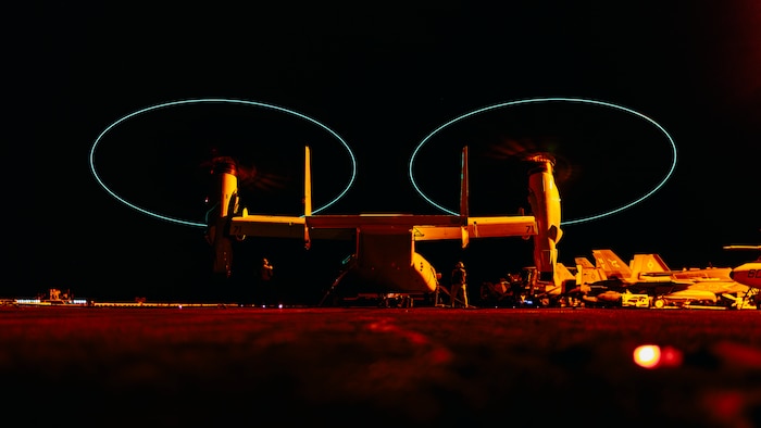 A CMV-22B Osprey, attached to Fleet Logistics Support Squadron (VRM) 30, readies for takeoff on the flight deck of the Nimitz-class aircraft carrier USS George Washington (CVN 73) while underway in the Philippine Sea, June 23. The George Washington Carrier Strike Group (GWA CSG) is on patrol in the U.S. 7th Fleet area of operations. The George Washington is the U.S. Navy’s premier forward-deployed aircraft carrier, a long-standing symbol of the United States’ commitment to maintaining a free and open Indo-Pacific region, while operating alongside allies and partners across the U.S. Navy’s largest numbered fleet. (U.S. Navy photo by Mass Communication Specialist 2nd Class August Clawson)