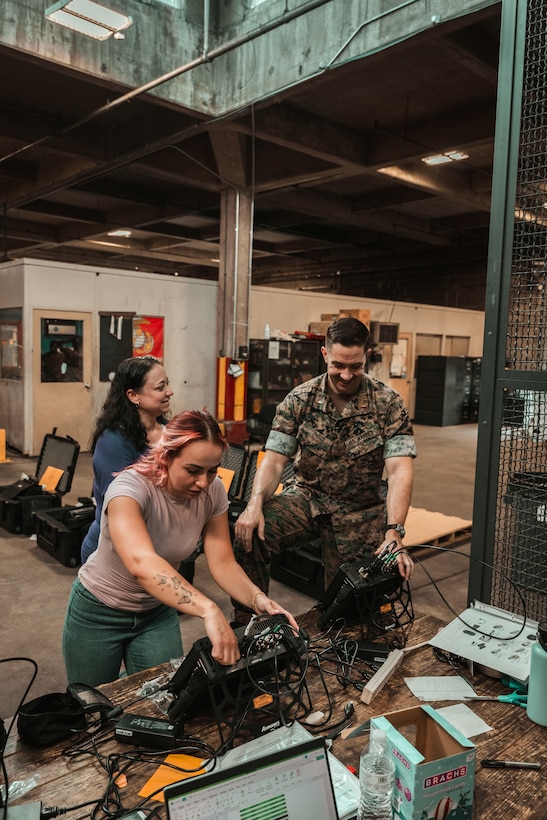 U.S. Marines and civilian personnel receive and inspect the Handheld Radio Test Set (HHRTS) during fielding with II Marine Expeditionary Force at Marine Corps Base Camp Lejeune, N.C., on May 21, 2025.