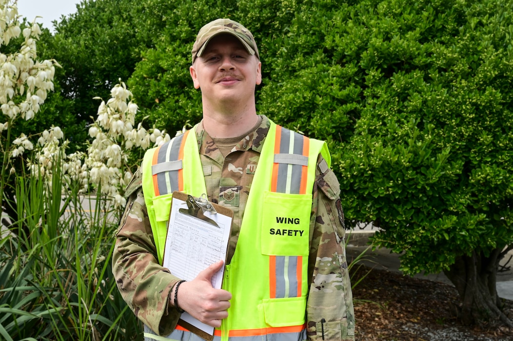 U.S. Air Force Staff Sgt. Tyler Plourde, 8th Fighter Wing noncommissioned officer in charge of occupational safety, poses for a photo outside the 8th FW headquarters, Kunsan Air Base, Republic of Korea, June 27, 2025.