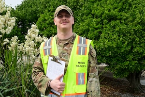 U.S. Air Force Staff Sgt. Tyler Plourde, 8th Fighter Wing noncommissioned officer in charge of occupational safety, poses for a photo outside the 8th FW headquarters, Kunsan Air Base, Republic of Korea, June 27, 2025.