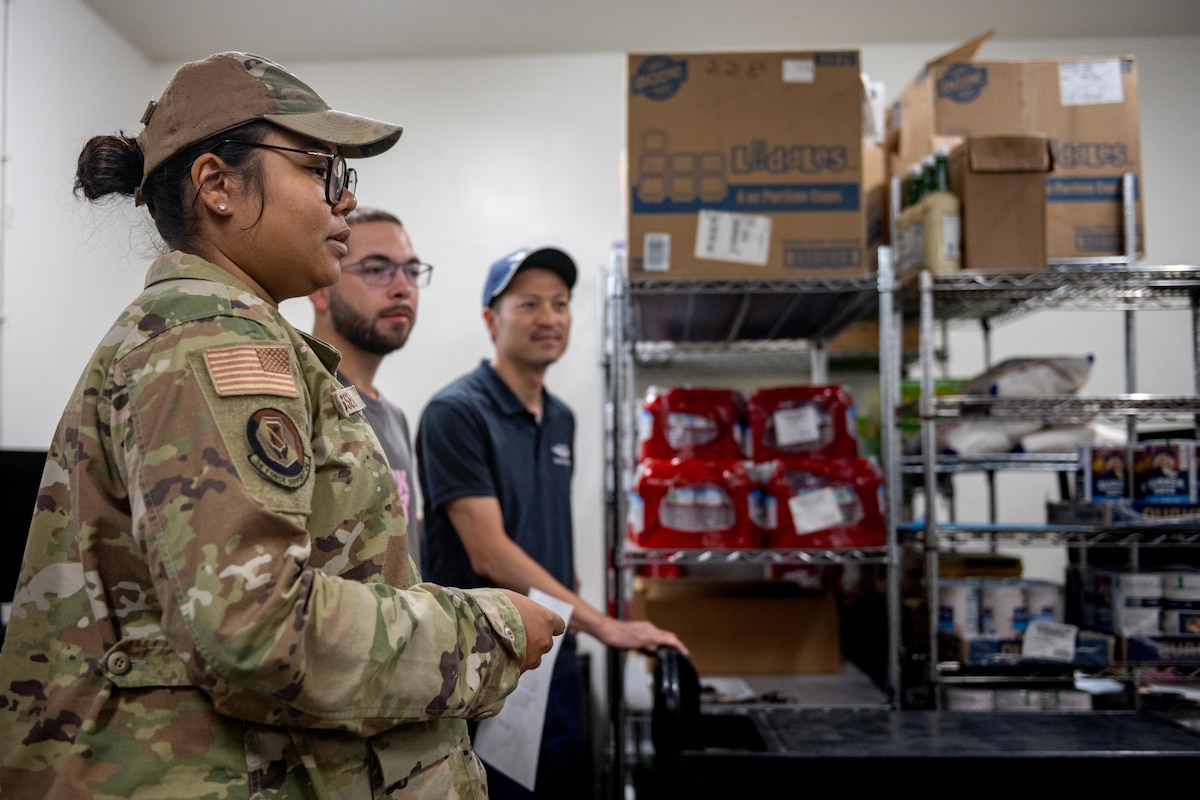 U.S. Air Force Staff Sgt. Jasmine Russell, 35th Force Support Squadron food service operations manager, briefs dining facility personnel on manning expectations for Exercise Resolute Force Pacific 2025.