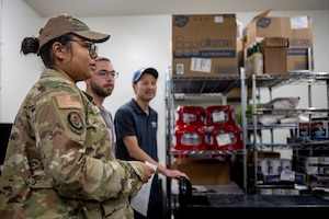 U.S. Air Force Staff Sgt. Jasmine Russell, 35th Force Support Squadron food service operations manager, briefs dining facility personnel on manning expectations for Exercise Resolute Force Pacific 2025.