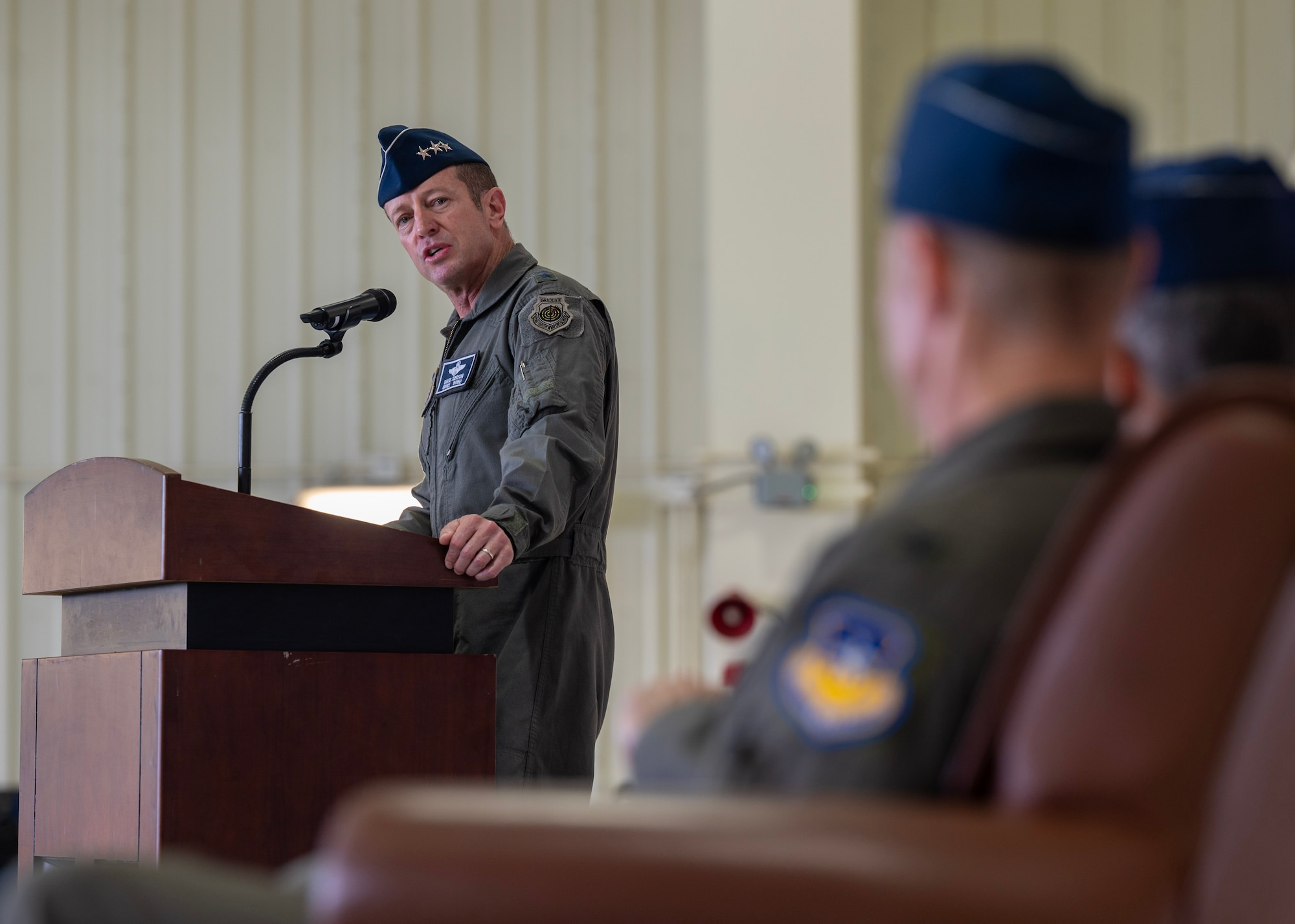 U.S. Air Force Lt. Gen. David Iverson, Seventh Air Force commander, delivers opening remarks for the 51st Fighter Wing Change of Command ceremony at Osan Air Base, Republic of Korea, June 27, 2025. Iverson served as the presiding officer for the ceremony. (U.S. Air Force photo by Staff Sgt. Sarah Williams)
