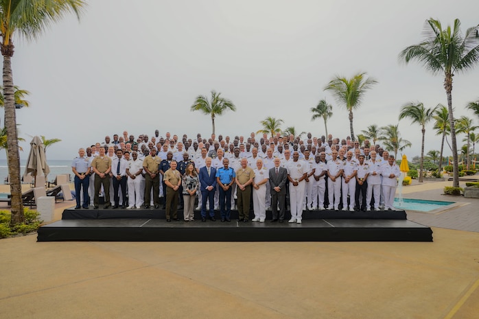 African Maritime Forces Summit 2025 key leaders pose for a group photo in Pointe aux Piments, Mauritius, June 25, 2025. African Maritime Forces Summit is a summit that seeks to bring together senior leaders from African maritime forces, naval infantries, and militaries, alongside international partners, to address critical maritime security challenges facing the African continent.