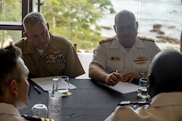 U.S. Navy Rear Adm. Michael S. Mattis, commander, Command Task Force 66, right, and U.S. Marine Corps Maj. Gen. Robert B. Sofge Jr., commander, U.S. Marine Corps Forces Europe and Africa, left, attend a bilateral engagement with Senegal Marine Nationale in Pointe aux Piments, Mauritius, June 26, 2025. African Maritime Forces Summit is a summit that seeks to bring together senior leaders from African maritime forces, naval infantries, and militaries, alongside international partners, to address critical maritime security challenges facing the African continent.