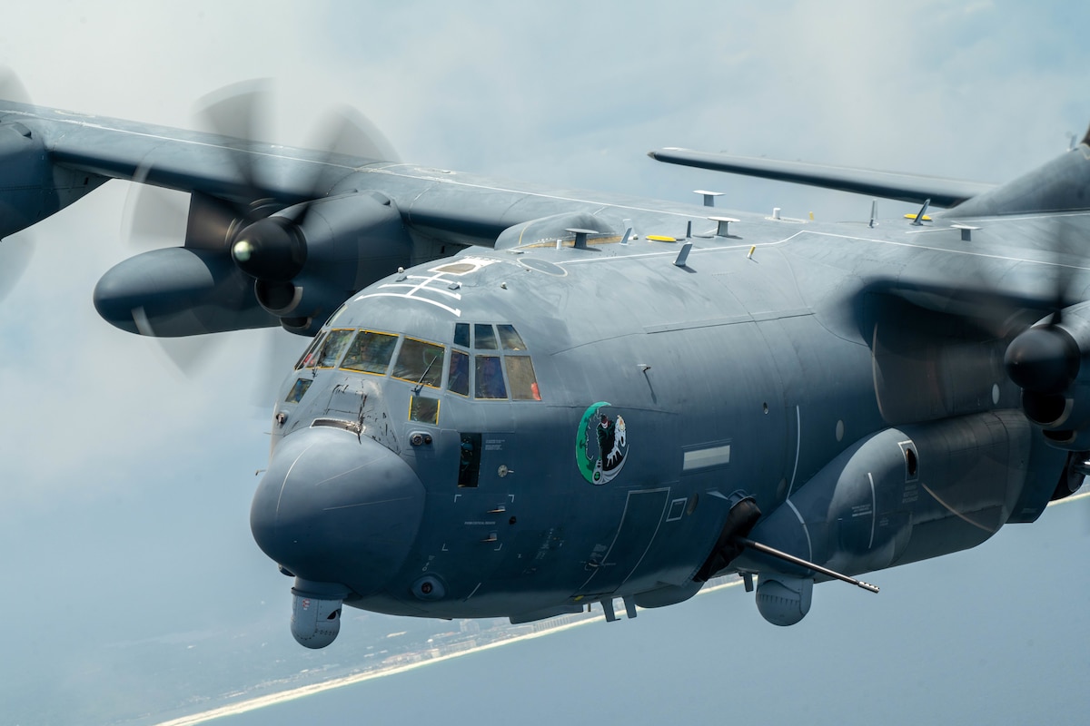 An AC-130J Ghostrider assigned to Air Force Special Operations Command flies over the Gulf of America near Hurlburt Field, Fla., June 6, 2025. Commemorating AFSOC’s 35th anniversary, the event highlighted decades of specialized operations in support of national defense and global special operations missions. (U.S. Air Force photo by Airman 1st Class Tori Haudenschild)