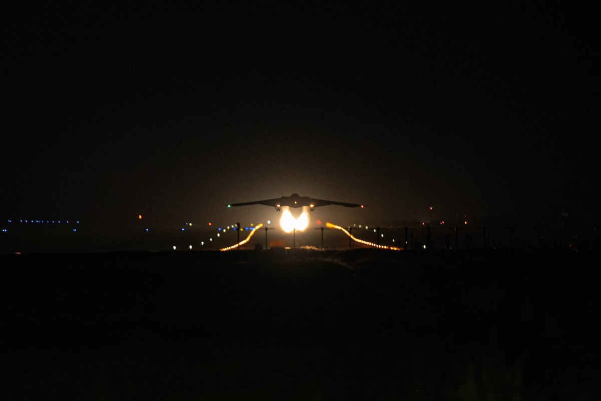 A B-2 Spirit takes off from Whiteman Air Force Base, Mo. in support of Operation Midnight Hammer, June 21, 2025. Midnight Hammer was a deeply coordinated strike combining air and naval firepower to target Iran’s underground nuclear sites. It leveraged advanced bombing capabilities and deception tactics to maintain surprise and deliver a powerful strategic signal. (U.S. Air Force courtesy photo)