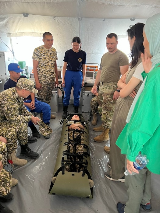 Members from the Montana Army and Air National Guard work with the Kyrgyz Republic during a medical exercise as part of Ak Shumkar 2025