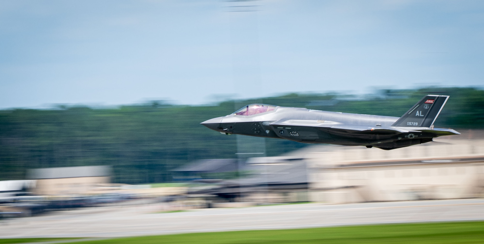 A U.S. Air Force F-35A Lightning II from the 187th Fighter Wing flies at low-level during a comprehensive noise exercise at Moody Air Force Base, Georgia, June 18, 2025. This exercise provided a benchmark for future noise studies as the F-35A integrates further into Moody AFB operations. (U.S. Air Force photo by 1st Lt. Benjamin Williams)